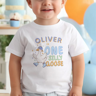 Blue One Silly Goose - Retro Boy First Birthday Baby T-shirt