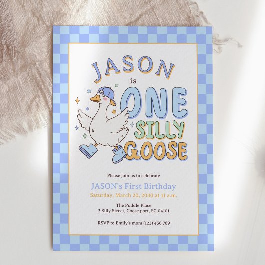 Blue One Silly Goose - Retro Boy First Birthday Einladung