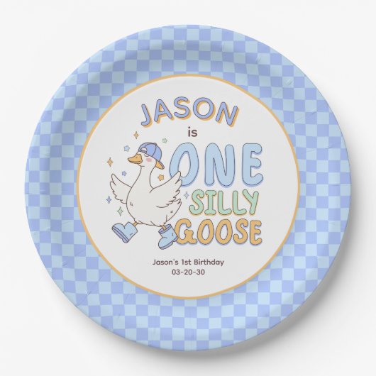 Blue One Silly Goose - Retro Boy First Birthday  Pappteller (Vorderseite)