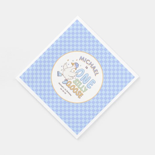 Blue One Silly Goose - Retro Boy First Birthday Serviette (Ecke)