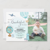 Blue ONEderful World Foto 1. Geburtstag Einladung (Vorderseite)