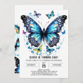 Blue Online Butterfly Boy Geburtstag Einladung (Vorne/Hinten)