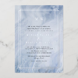 Blue Opal Monogram Wedding Silver Folieneinladung