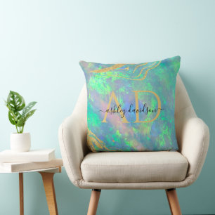 Blue Opal Stone   Monogram Pillow Kissen