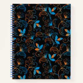Blue Orange Abstrakt Floral auf schwarzem Hintergr Notizblock