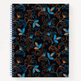 Blue Orange Abstrakt Floral auf schwarzem Hintergr Notizblock