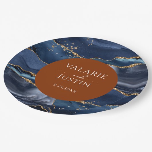Blue & Orange Agate Wedding Pappteller (Schrägansicht)