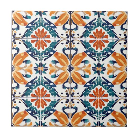 Blue Orange and Yellow Pattern Ceramic Tile Fliese (Vorderseite)