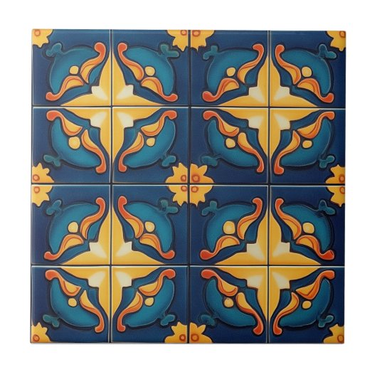 Blue Orange and Yellow Pattern Ceramic Tile Fliese (Vorderseite)