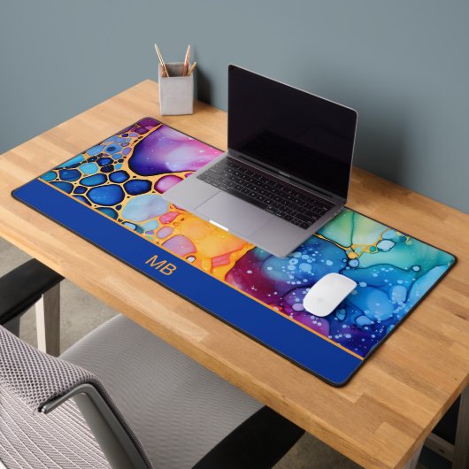 Blue Orange Aquamarin Alcohol Tinte Floral Monogra Schreibtischunterlage (Büro 2)