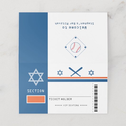Blue Orange Bar Mitzvah Baseball Ticket Sitzplatz Platzkarte (Außenseite Aufgefaltet)