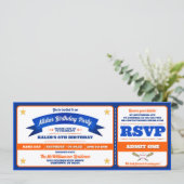 Blue & Orange Baseball Allstar-Ticket Geburtstag Einladung (Stehend Vorderseite)