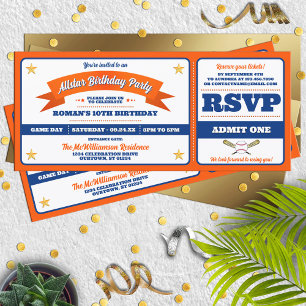 Blue & Orange Baseball Allstar-Ticket Geburtstag Einladung