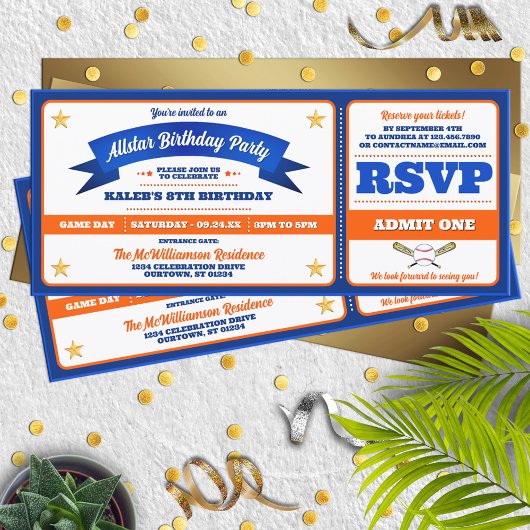 Blue & Orange Baseball Allstar-Ticket Geburtstag Einladung