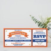Blue & Orange Baseball Allstar-Ticket Geburtstag Einladung (Stehend Vorderseite)