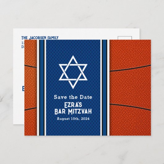 Blue Orange Basketball Bar Mitzvah Save the Date Postkarte (Vorne/Hinten)