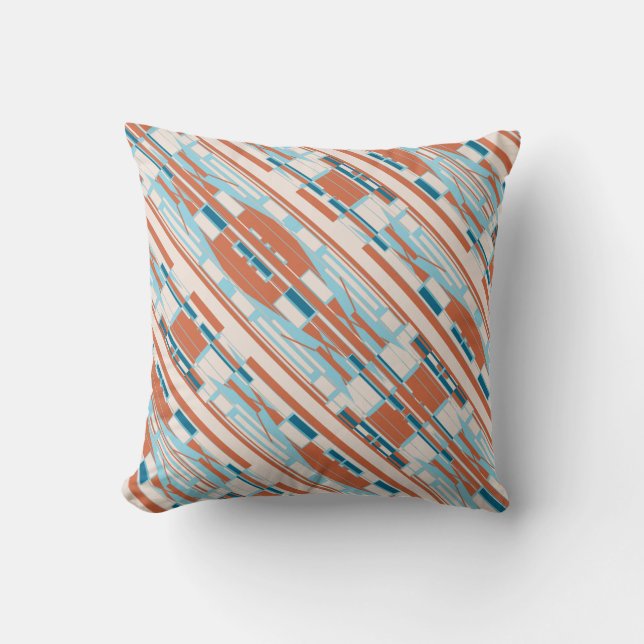 Blue Orange Beige Südwest Look Slanted Mosaics Kissen (Vorderseite)