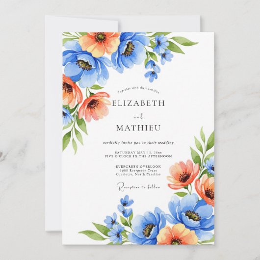 Blue Orange Blooming Romance Wedding Einladung (Vorderseite)