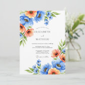Blue Orange Blooming Romance Wedding Einladung (Stehend Vorderseite)