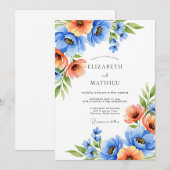 Blue Orange Blooming Romance Wedding Einladung (Vorne/Hinten)