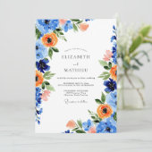 Blue Orange Blooming Spring Wedding Einladung (Stehend Vorderseite)