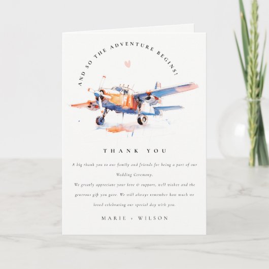 Blue Orange Blush Watercolor Air Flugzeug Hochzeit Dankeskarte (Vorderseite)
