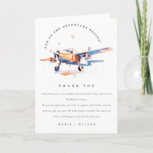 Blue Orange Blush Watercolor Air Flugzeug Hochzeit Dankeskarte
