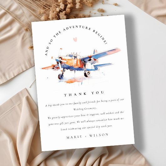 Blue Orange Blush Watercolor Air Flugzeug Hochzeit Dankeskarte