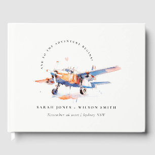 Blue Orange Blush Watercolor Air Flugzeug Hochzeit Gästebuch