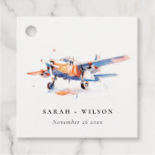 Blue Orange Blush Watercolor Air Flugzeug Hochzeit Geschenkanhänger (Vorderseite)