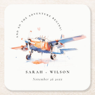 Blue Orange Blush Watercolor Air Flugzeug Hochzeit Rechteckiger Pappuntersetzer