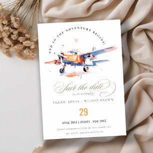 Blue Orange Blush Watercolor Air Flugzeug Hochzeit Save The Date