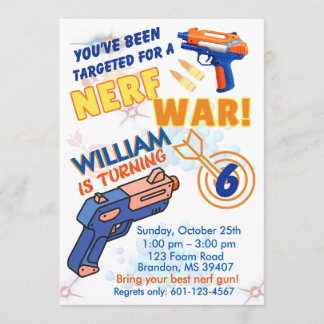 Blue Orange Boys BD Party- Nerf War 6th Birthday Einladung