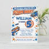 Blue Orange Boys Party- Foam Blaster 5th Birthday Einladung (Stehend Vorderseite)