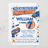 Blue Orange Boys Party- Foam Blaster 7th Birthday Einladung (Vorne/Hinten)