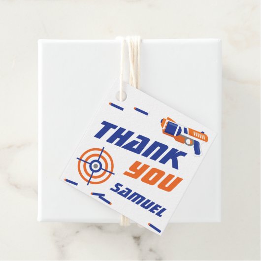 Blue, Orange Dart War Birthday Party Danke Geschenkanhänger (Beispiel)