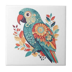 Blue Orange Floral Boho Parrot Folk Art Fliese