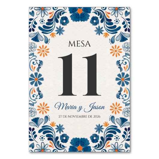 Blue Orange Floral Elegant Fiesta Spanish Wedding Tischnummer (Vorderseite)
