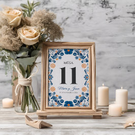 Blue Orange Floral Elegant Fiesta Spanish Wedding Tischnummer