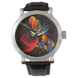 Blue Orange Floral Modernes Abstraktes Kunstmuster Armbanduhr