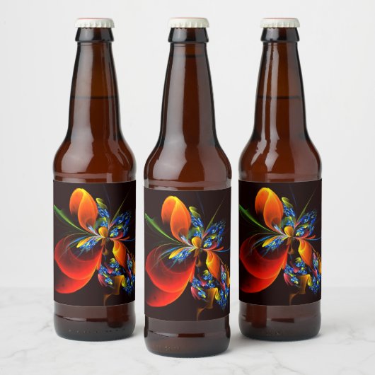 Blue Orange Floral Modernes Abstraktes Kunstmuster Bierflaschenetikett (Flaschen)