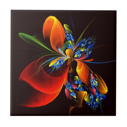 Blue Orange Floral Modernes Abstraktes Kunstmuster Fliese (Vorderseite)