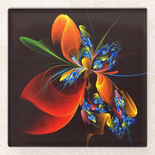Blue Orange Floral Modernes Abstraktes Kunstmuster Glasuntersetzer (Vorderseite)