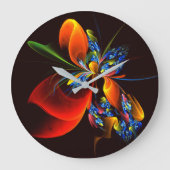 Blue Orange Floral Modernes Abstraktes Kunstmuster Große Wanduhr (Vorderseite)