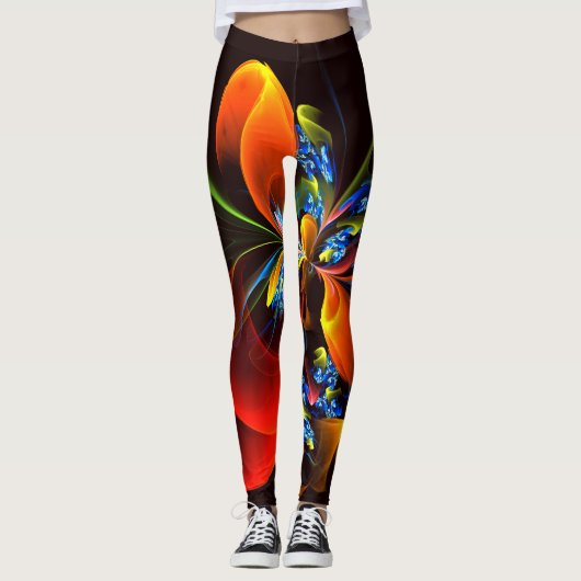 Blue Orange Floral Modernes Abstraktes Kunstmuster Leggings (Vorderseite)