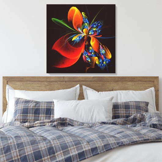 Blue Orange Floral Modernes Abstraktes Kunstmuster Leinwanddruck (Insitu (Schlafzimmer))