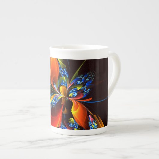 Blue Orange Floral Modernes Abstraktes Kunstmuster Porzellantasse (Vorderseite Rechts)