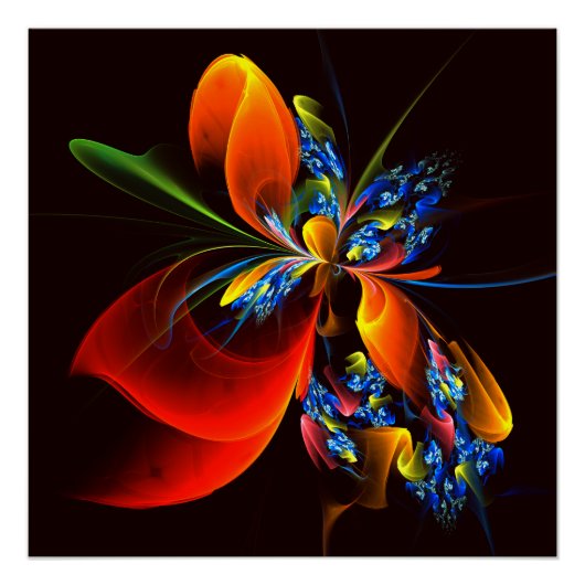 Blue Orange Floral Modernes Abstraktes Kunstmuster Poster (Vorderseite)