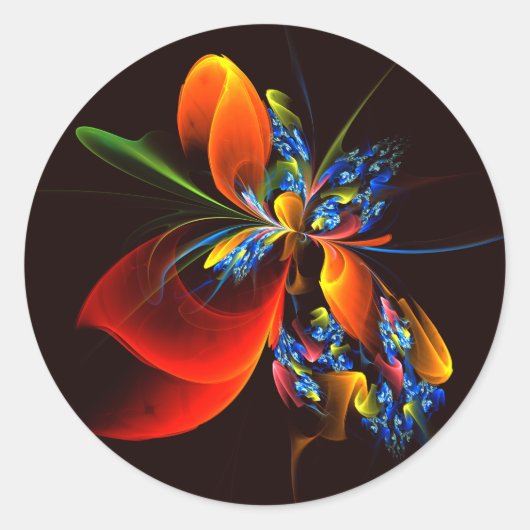 Blue Orange Floral Modernes Abstraktes Kunstmuster Runder Aufkleber (Vorderseite)