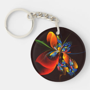 Blue Orange Floral Modernes Abstraktes Kunstmuster Schlüsselanhänger